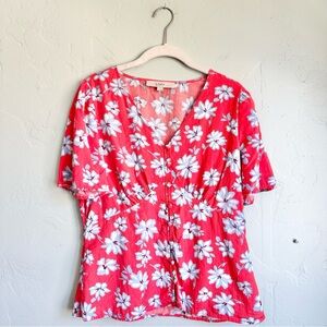 LOFT Women’s Coral Pink Floral Feminine Short Sleeve Button Blouse Top Sz‎ 4 EUC